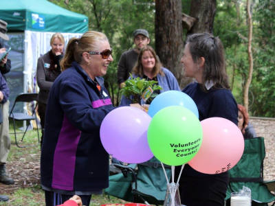 Volunteers with balloons outdoors in nature